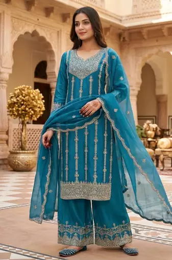 Chinon silk blue sequined kurta set