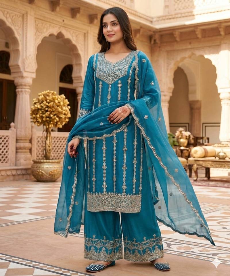 Chinon silk blue sequined kurta set