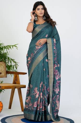 women's floral print cotton blend saree -teal