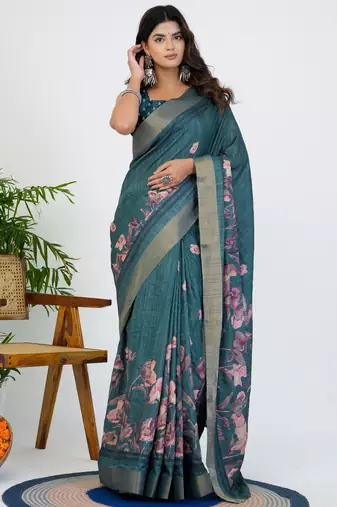 women's floral print cotton blend saree -teal