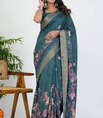 women's floral print cotton blend saree -teal