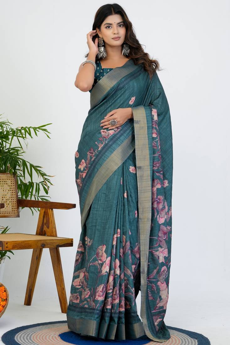 women's floral print cotton blend saree -teal