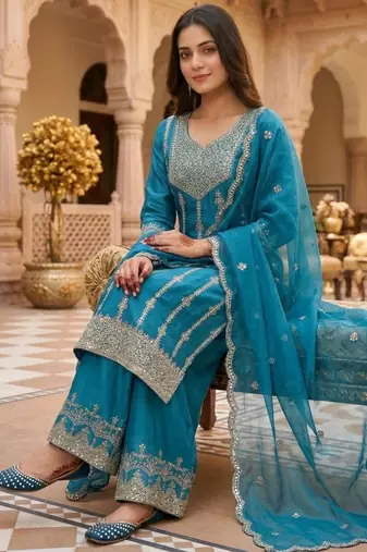 Chinon silk blue sequined kurta set