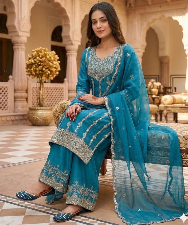 Chinon silk blue sequined kurta set