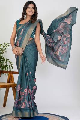 women's floral print cotton blend saree -teal 2