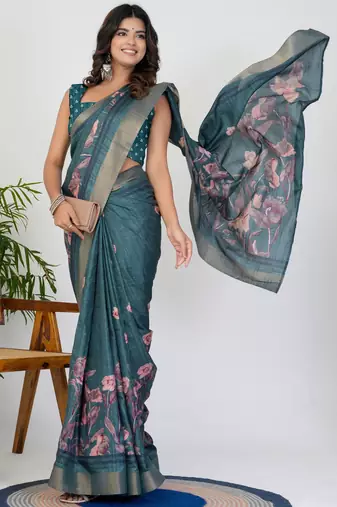women's floral print cotton blend saree -teal