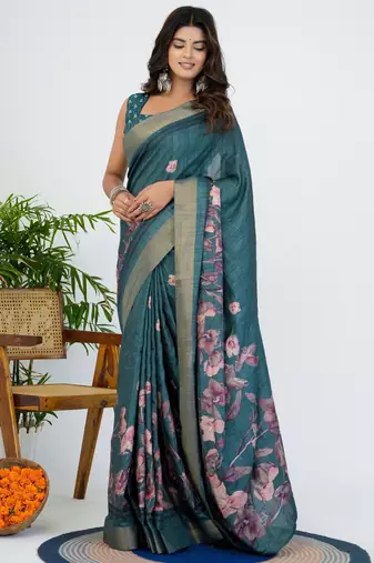 women's floral print cotton blend saree -teal