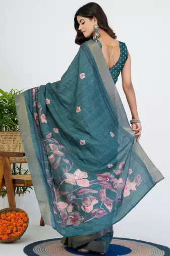 women's floral print cotton blend saree -teal
