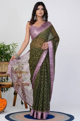 women's block print cotton blend saree -green