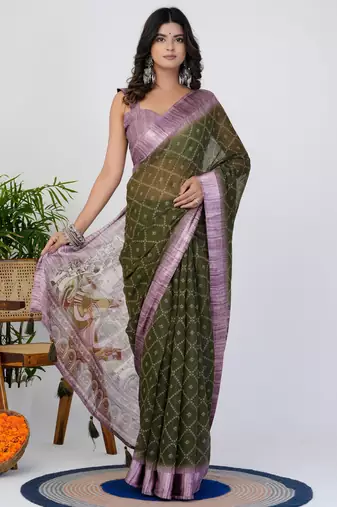 women's block print cotton blend saree -green