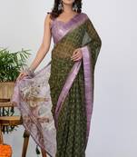 women's block print cotton blend saree -green