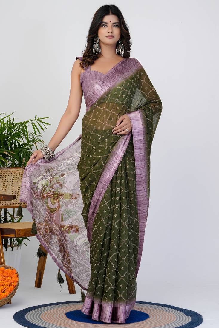 women's block print cotton blend saree -green