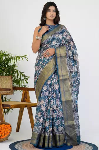 women's floral print art silk saree -blue