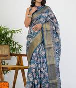 women's floral print art silk saree -blue