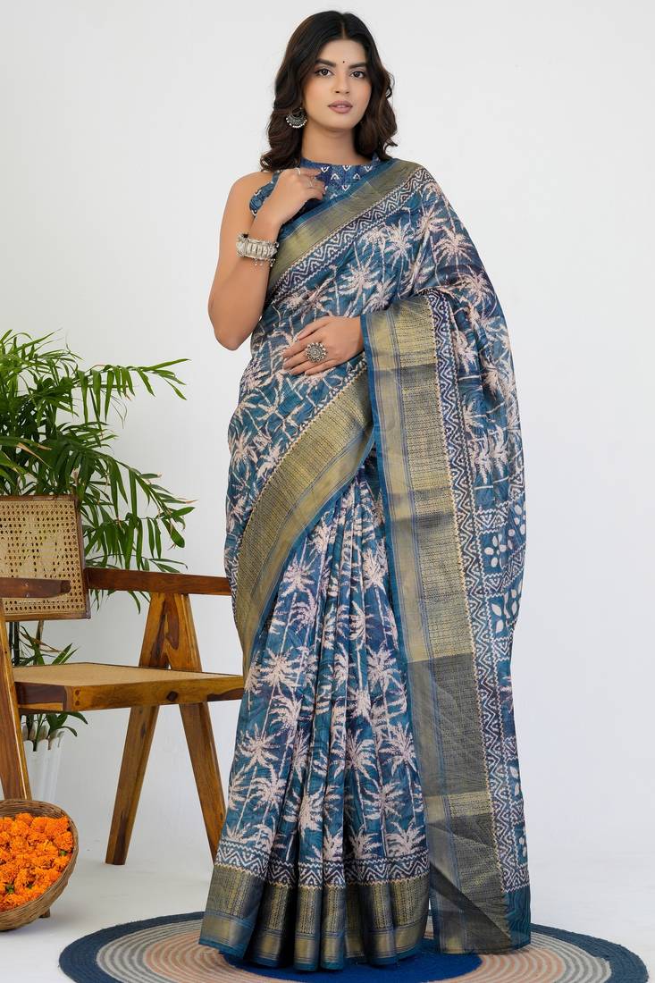 women's floral print art silk saree -blue