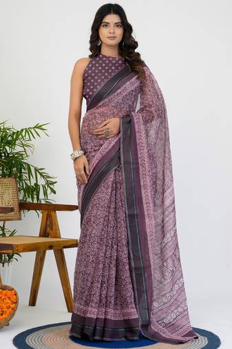 women's floral print cotton blend saree -magenta