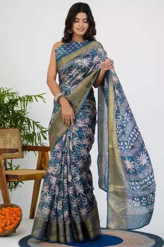 women's floral print art silk saree -blue