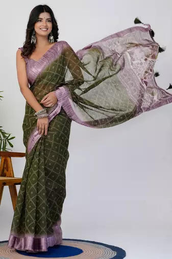 women's block print cotton blend saree -green