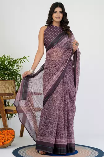 women's floral print cotton blend saree -magenta