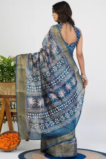 women's floral print art silk saree -blue
