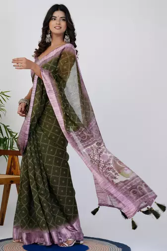 women's block print cotton blend saree -green