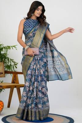 women's floral print art silk saree -blue 4
