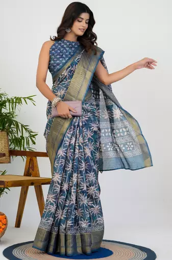 women's floral print art silk saree -blue