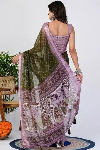 women's block print cotton blend saree -green