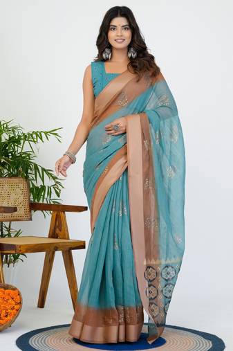 women's block print cotton blend saree -turquoise