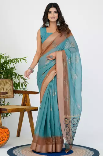 women's block print cotton blend saree -turquoise