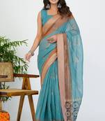 women's block print cotton blend saree -turquoise