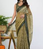 women's floral print cotton blend saree -green
