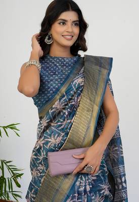 women's floral print art silk saree -blue 5