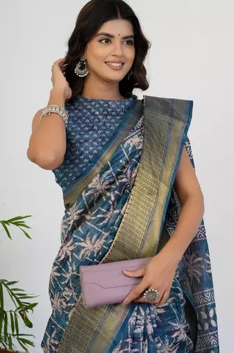 women's floral print art silk saree -blue