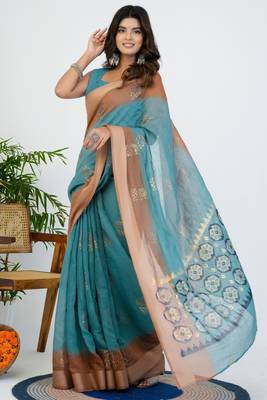 women's block print cotton blend saree -turquoise 3