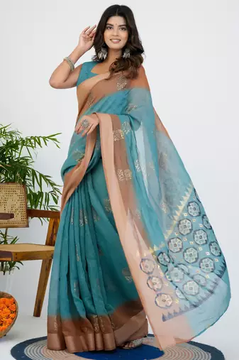women's block print cotton blend saree -turquoise