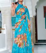 women's floral print chiffon saree -blue