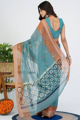 women's block print cotton blend saree -turquoise 4