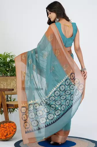 women's block print cotton blend saree -turquoise