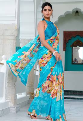 women's floral print chiffon saree -blue 3