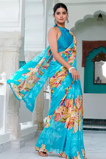 women's floral print chiffon saree -blue