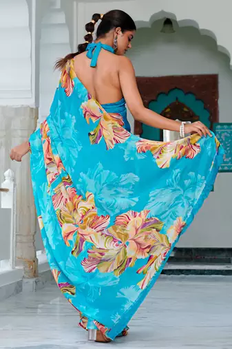 women's floral print chiffon saree -blue