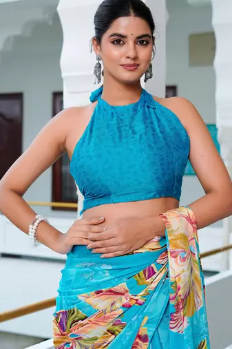 women's floral print chiffon saree -blue