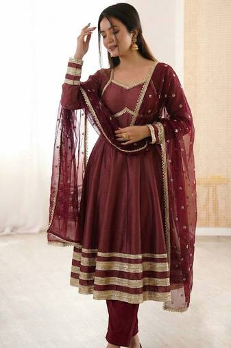 Maroon Color Lace Work With Kali Cutting Work Cosmos Silk Gown Set