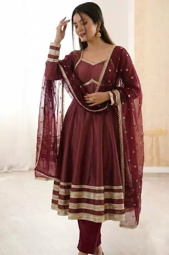 Maroon Color Lace Work With Kali Cutting Work Cosmos Silk Gown Set