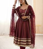 Maroon Color Lace Work With Kali Cutting Work Cosmos Silk Gown Set