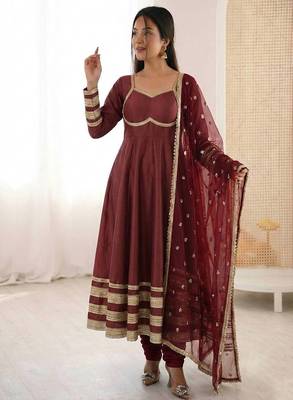 Maroon Color Lace Work With Kali Cutting Work Cosmos Silk Gown Set 2