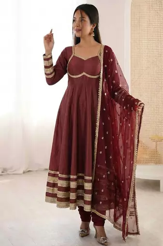 Maroon Color Lace Work With Kali Cutting Work Cosmos Silk Gown Set