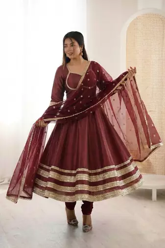 Maroon Color Lace Work With Kali Cutting Work Cosmos Silk Gown Set