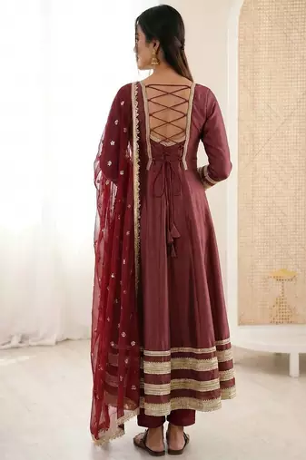 Maroon Color Lace Work With Kali Cutting Work Cosmos Silk Gown Set
